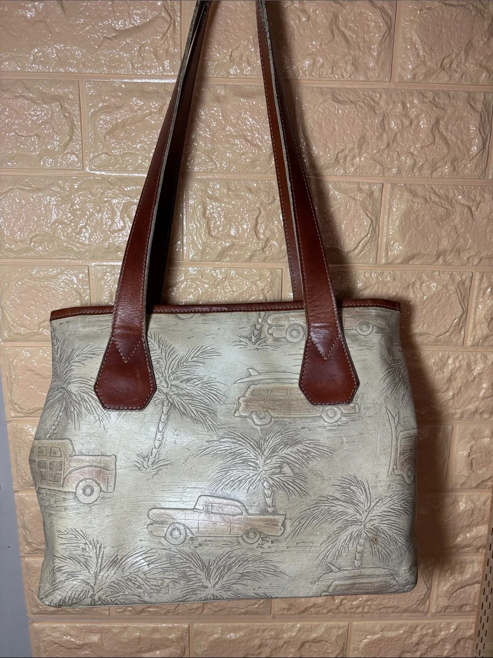 Brahmin Leather-Trim Beige & Brown Tote Bag w Copa Cabana Woody Car Palm Trees
